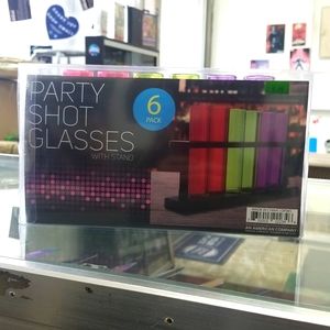 6 pack party shot glasses with stand.Plastic so they wont break.